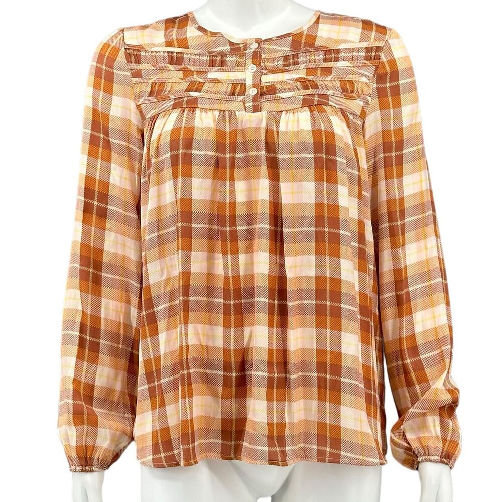 Lauren Conrad Top Womens Small Tan Plaid‎ Satiny Sheer Fall Western Country Boho